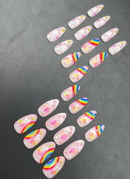 Beautiful Set - 24pcs Long Almond Rainbow Barbie Pink Design Fake Press on Nail
