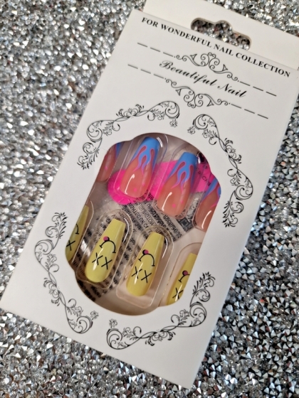 Beautiful Set - 24pcs Long Coffin Fire and Funny Yellow Smile Design Fake Press on Nail