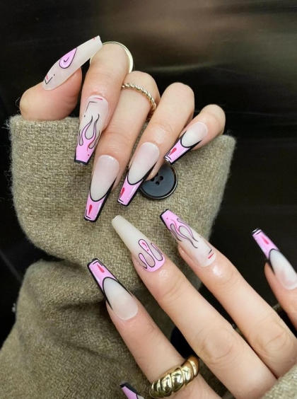 Beautiful Set - 24pcs  Long Coffin Fire Pink Design Fake Press on Nail