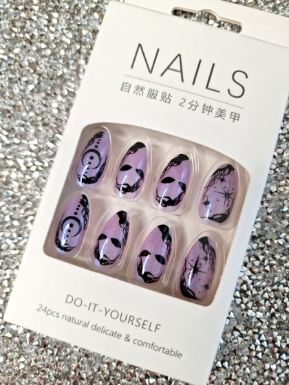 Beautiful Set - 24pcs Long Almond Witch Ritual Glitter Purple Design Fake Press on Nail