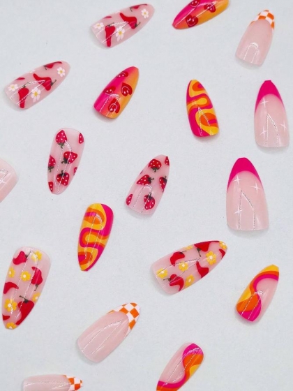 Beautiful Set - 24pcs Long Almond Sweet Strawberry / Pepper Design Fake Press on Nail