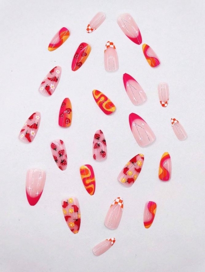 Beautiful Set - 24pcs Long Almond Sweet Strawberry / Pepper Design Fake Press on Nail