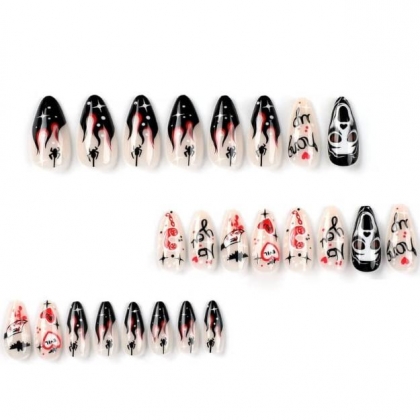 Beautiful Set - 24pcs Long Almond Heart / Spider / Halloween Design Fake Press on Nail
