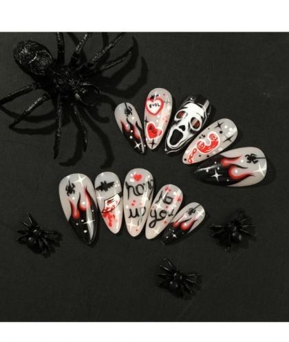 Beautiful Set - 24pcs Long Almond Heart / Spider / Halloween Design Fake Press on Nail
