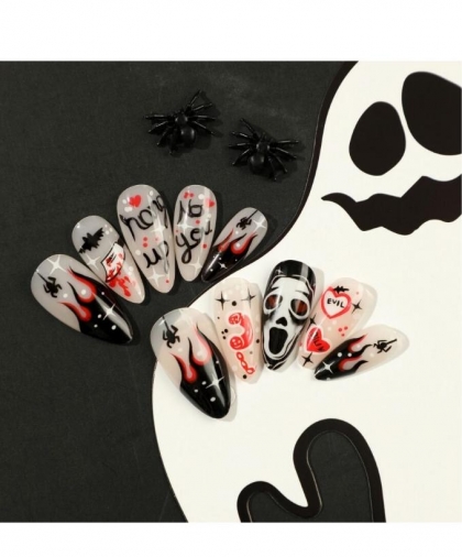 Beautiful Set - 24pcs Long Almond Heart / Spider / Halloween Design Fake Press on Nail
