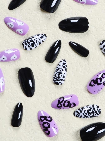Beautiful Set - 24pcs Long Almond Halloween Purple Night Design Fake Press on Nail