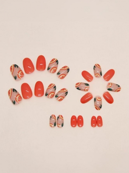 Beautiful Set - 24pcsShort Round Fashionable Orange-red Grapefruit Design Fake Press on Nail