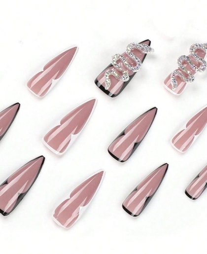 Beautiful Set - 24pcs Extra Long Stiletto 3D Snake Swarovski Sparkling Stones Design Fake Press on Nail
