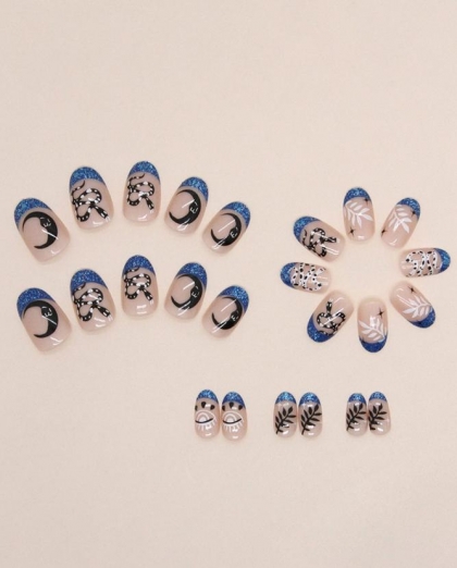 Beautiful Set - 24pcs Short Oval Blue Glitter / Moon / Leaf / Snake Design Fake Press on Nail