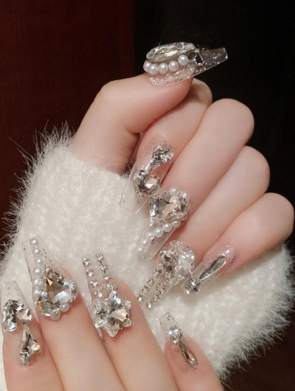 Beautiful Set - 24pcs Short Square Swarovski Sparkling Stones / Silver Glitter Design Fake Press on Nail