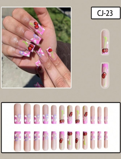 Beautiful Set - 24pcs Extra Long Sweet Pink Plaid French Frosted Matte Cherry Blossoms And Jelly Gel Design Fake Press on Nail