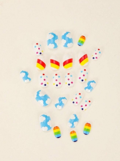 Beautiful Kids Set - 24pcs Short Oval Rainboll / Point Design Fake Press on Nail