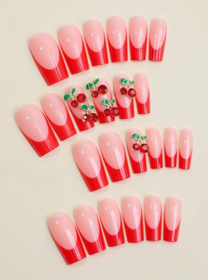 Beautiful Set - 24pcs Long Square Shape Red French Cherry Design Fake Press on Nail