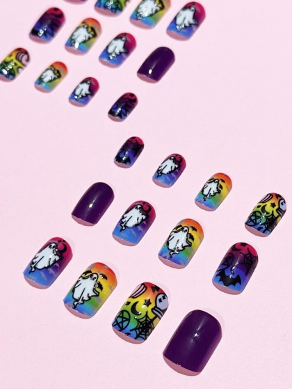 Beautiful Set - 24pcs Short Square Colorful Ghost Bat Design Fake Press on Nail