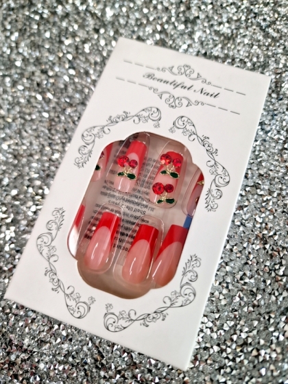 Beautiful Set - 24pcs Long Square Shape Red French Cherry Design Fake Press on Nail