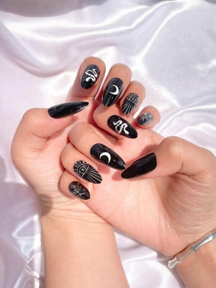 Beautiful Set - 24pcs Long Almond Snake Eye Moon & Leaf Pattern Design Fake Press on Nail