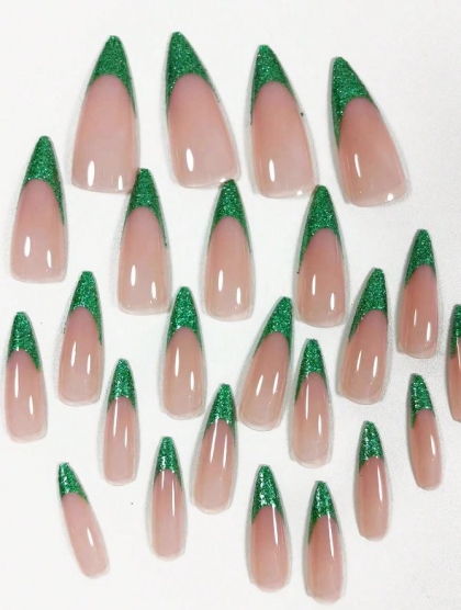Beautiful Set - 24pcsLong Almond Shape Glittery Sweet & Fashionable Pink & Green Art Design Fake Press on Nail