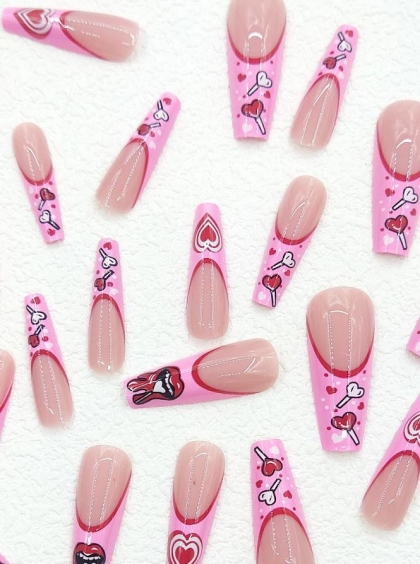 Beautiful Set - 24pcs Long Coffin Pink Lips Heart Pattern Design Fake Press on Nail
