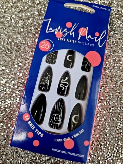 Beautiful Set - 24pcs Long Almond Snake Eye Moon & Leaf Pattern Design Fake Press on Nail