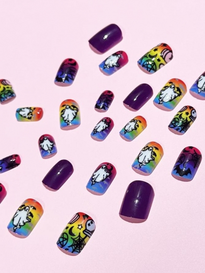 Beautiful Set - 24pcs Short Square Colorful Ghost Bat Design Fake Press on Nail