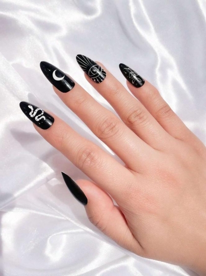Beautiful Set - 24pcs Long Almond Snake Eye Moon & Leaf Pattern Design Fake Press on Nail