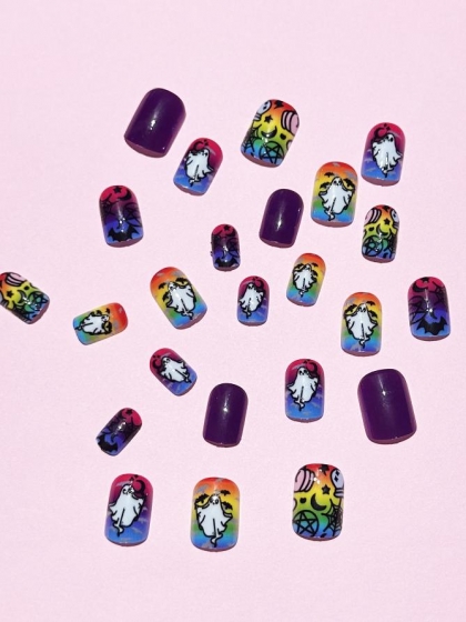 Beautiful Set - 24pcs Short Square Colorful Ghost Bat Design Fake Press on Nail