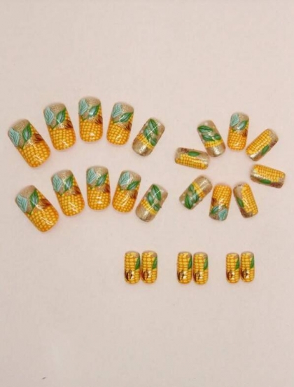 Beautiful Set - 24pcs Medium Long Corn Themed Painted Cute Design Fake Press on Nail