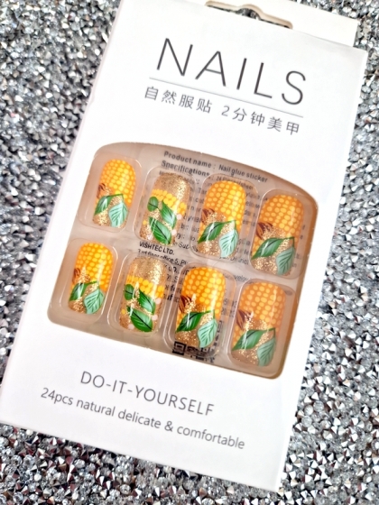 Beautiful Set - 24pcs Medium Long Corn Themed Painted Cute Design Fake Press on Nail