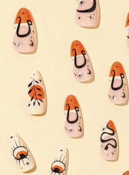 Beautiful Set - 24pcs Long Almond French Snake Moon Stars Orange / Beige / Black Design Fake Press on Nail