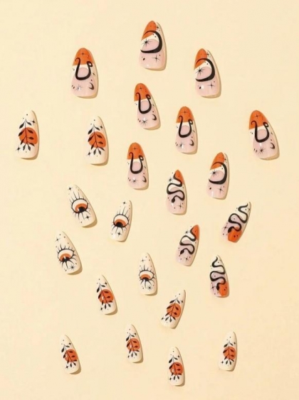 Beautiful Set - 24pcs Long Almond French Snake Moon Stars Orange / Beige / Black Design Fake Press on Nail