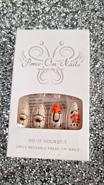 Beautiful Set - 24pcs Long Almond French Snake Moon Stars Orange / Beige / Black Design Fake Press on Nail