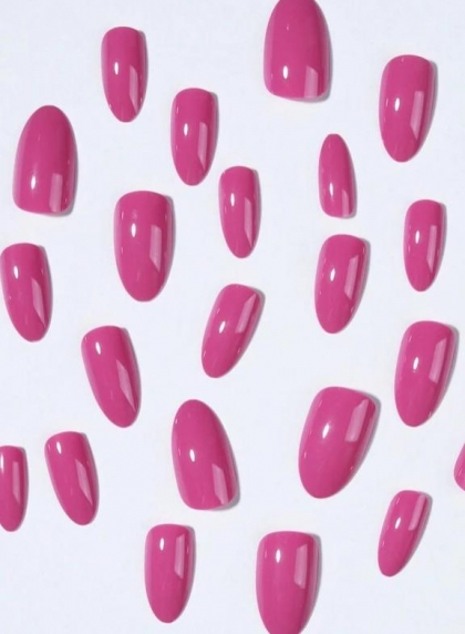 Beautiful Set - 24pcs Long Almond Pink Color Design Fake Press on Nail