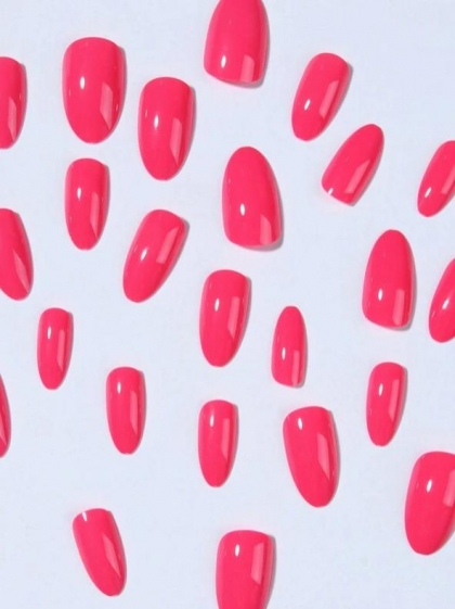 Beautiful Set - 24pcs Long Almond Sweet Bonbon Pink Color Design Fake Press on Nail