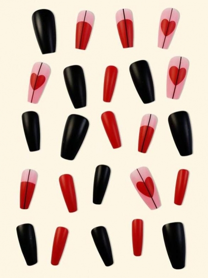 Beautiful Set - 24pcs Long Coffin Red Heart & Line Cute Design Fake Press on Nail