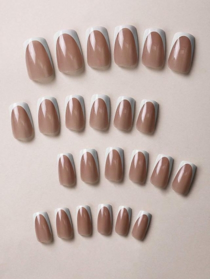 Beautiful Set - 24pcs Short Square French Design Fake Press on Nail