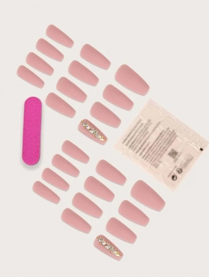 Beautiful Set - 24pcs Long Coffin Sparkle Fake Press on Nail & 1sheet Tape & 1pc Nail File
