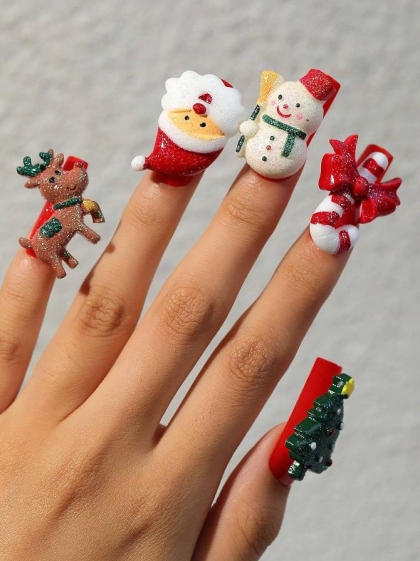 Beautiful Set - 24pcs  Glossy Long Square Christmas Red / With 3D Christmas Tree / Cartoon Santa Claus Crutch Candy Design Fake Press on Nail