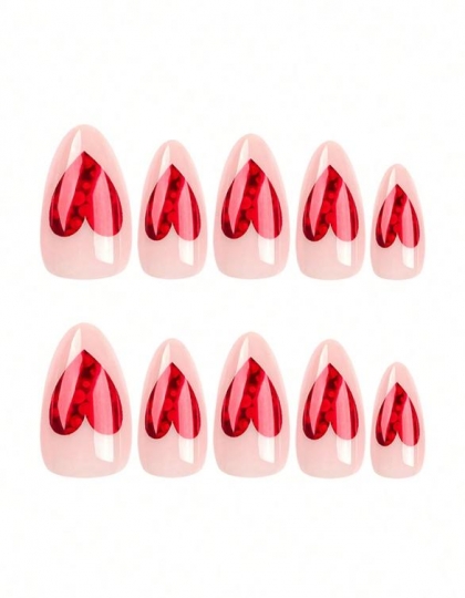 Beautiful Set - 24pcs Medium Oval ValentineS Day Nude Color With Romantic Red Heart & Gold Foil Detail Almond Shape Design Fake Press on Nail