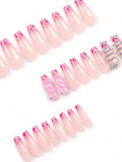 Beautiful Set - 24pcs Long Square Shape Fashionable & Simple French Edged 3d Snake And Pink Rabbit PLAYBOY Design Fake Press on Nail