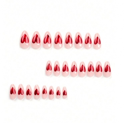 Beautiful Set - 24pcs Medium Oval ValentineS Day Nude Color With Romantic Red Heart & Gold Foil Detail Almond Shape Design Fake Press on Nail