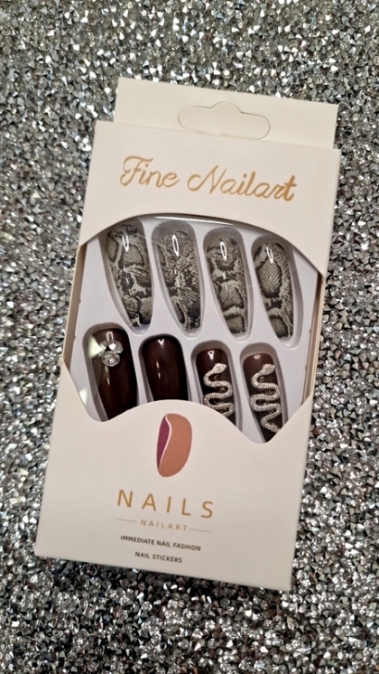 Beautiful Set - 24pcs Long Coffin Coffee & Silver Snake Skin Design Fake Press on Nail
