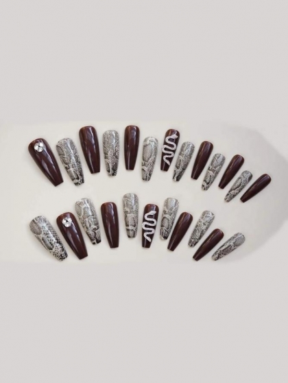 Beautiful Set - 24pcs Long Coffin Coffee & Silver Snake Skin Design Fake Press on Nail