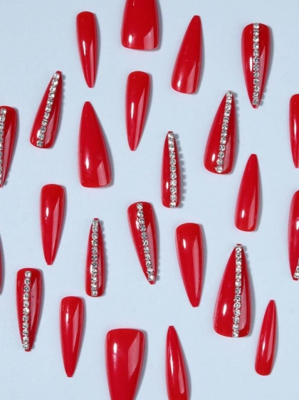 Beautiful Set - 24pcs  Long Stiletto Bright Red 3d Sparkle Design Fake Press on Nail