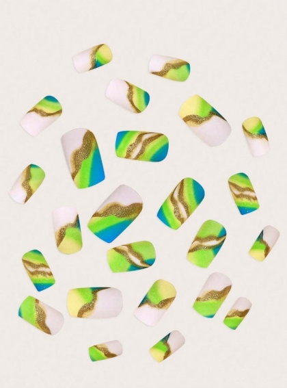 Beautiful Set - 24pcs Short Gradient Green Marbel Design Fake Press on Nail