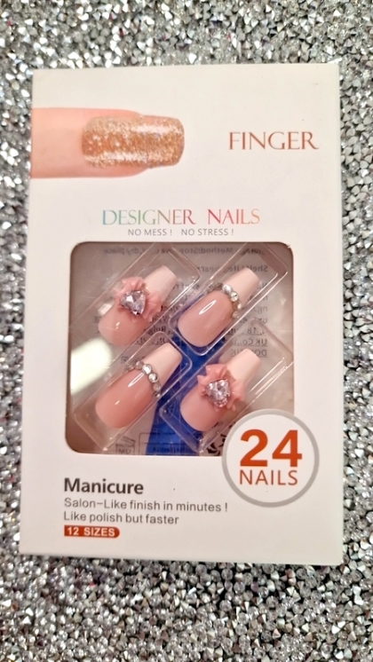 Beautiful Set - 24pcs Long Coffin Light Pink French Sparkle Design Fake Press on Nail