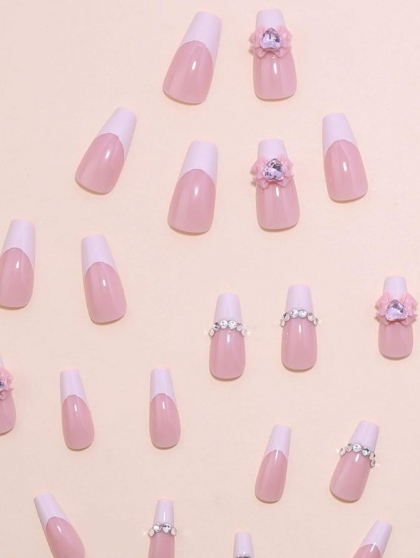 Beautiful Set - 24pcs Long Coffin Light Pink French Sparkle Design Fake Press on Nail