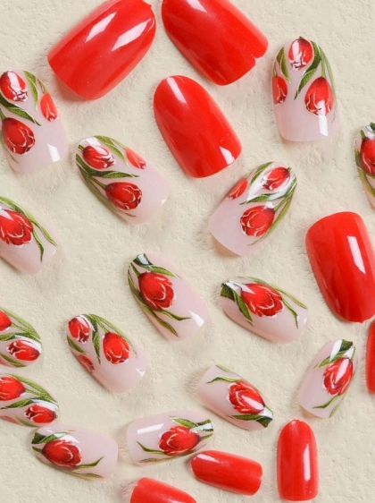 Beautiful Set - 24pcs Short Oval ValentineS Day / Mothers Day Red Tulip / Flowers Design Fake Press on Nail