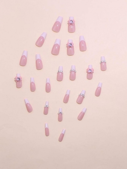Beautiful Set - 24pcs Long Coffin Light Pink French Sparkle Design Fake Press on Nail