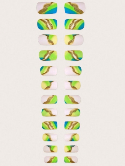 Beautiful Set - 24pcs Short Gradient Green Marbel Design Fake Press on Nail