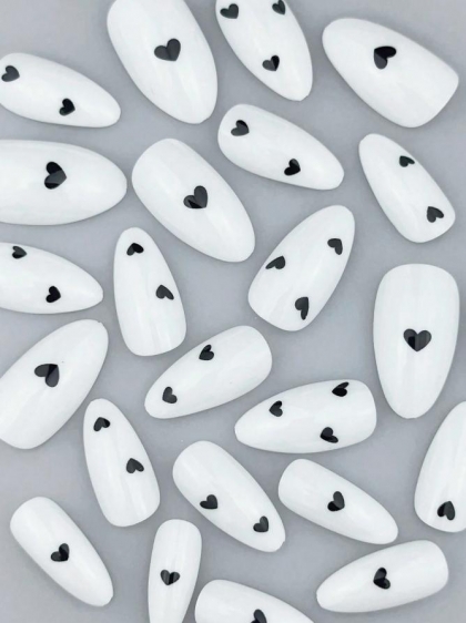 Beautiful Set - 24pcs Medium Long Almond Cute Mini Hearts Design Fake Press on Nail